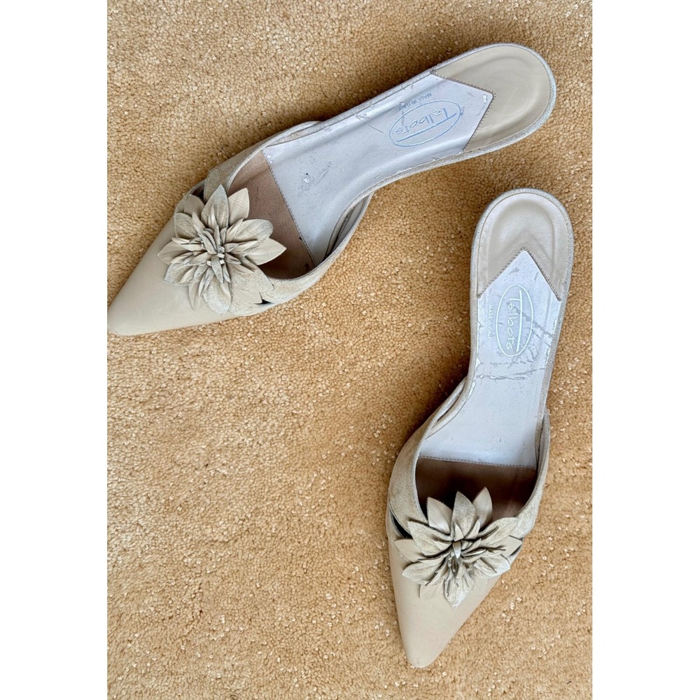 Talbots Women Beige Leather Suede Mule Kitten Heel Shoes Floral Accent Italy 9.5